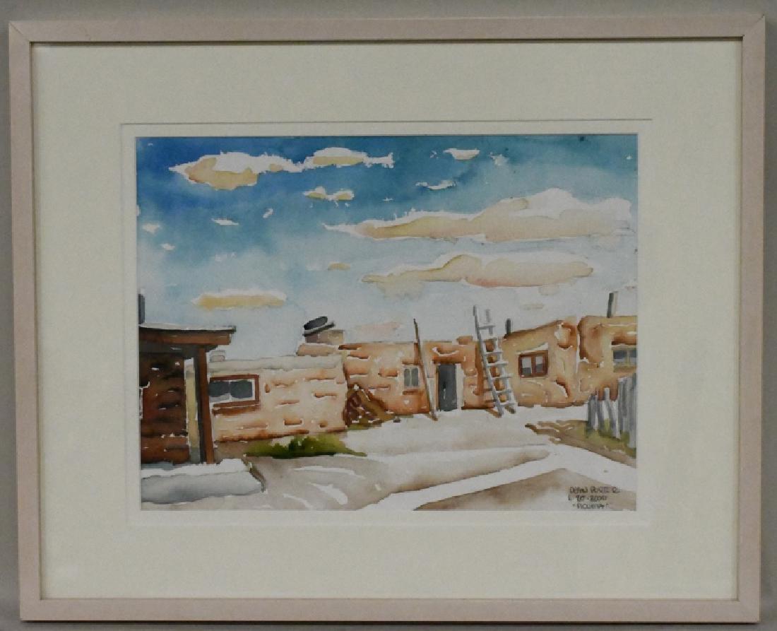 Dean Porter "Acoma" Watercolor: Beautiful watercolor on paper board painting by listed Indiana artist Dean Porter. The painting is titled "Acoma" and features the an Acoma Navajo Village in New Mexico. The painting is signed in the 