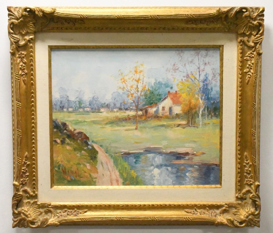 John Adamos Manol Landscape Oil On Canvas Painting: Beautiful oil on canvas painting by listed Greek artist John Adamos Manol. The painting features a fall village landscape. The painting is signed in the lower left corner. Sight measures 23.25" across
