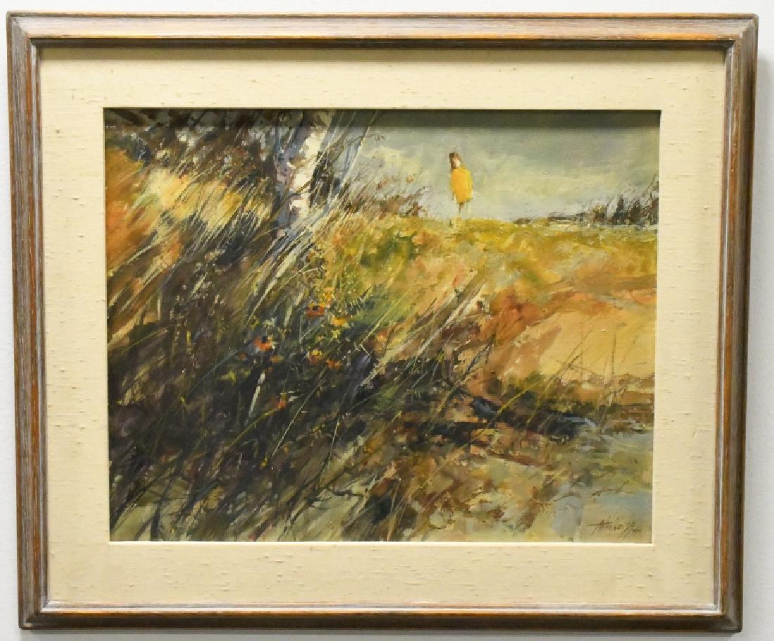 Anton Weiss Landscape With Girl Oil On Canvas: Very nice 1971 oil on canvas painting by artist Anton Weiss. Painting features a landscape with a girl in the background. Signed in lower right. Sight measures 19.75" across x 15.75" tall, framed it m