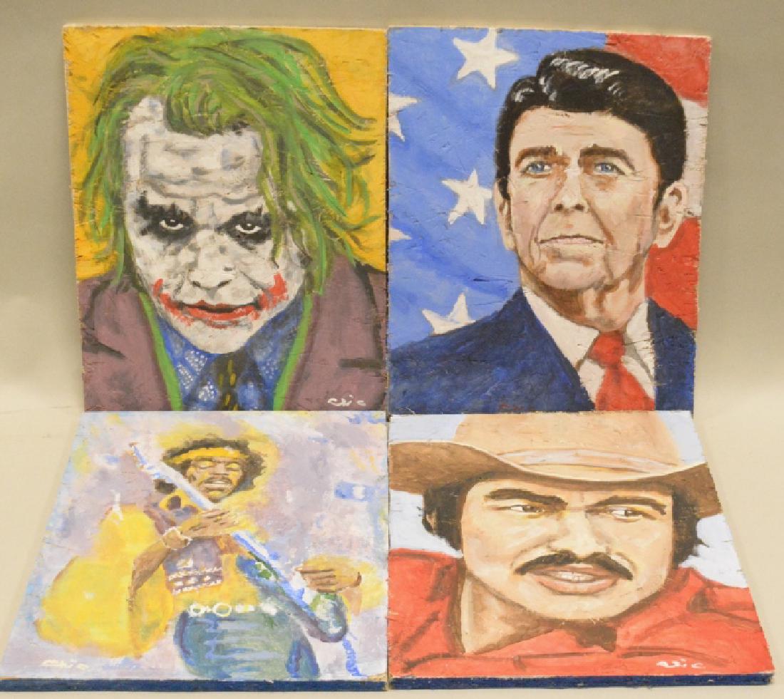 (4) Chic Popielarz Pop Culture Paintings: Fun lot of four pop culture paintings on OSB by Chicago artist Charles Popielarz. The paintings include Burt Reynolds "Bandit", Jimi Hendricks "Purple Haze", Ronald Reagan #40, and Heath Ledger "The J