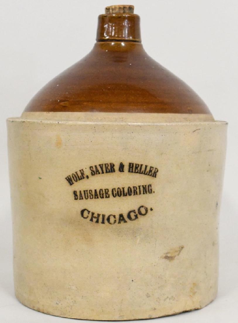 Stoneware Wolf Sayer & Heller Sausage Coloring Jug: Nice early stoneware Wolf Sayer & Heller Chicago sausage coloring jug. Very nice condition with some expected chips from use and age. Measures approximately 12 1/2" tall by 9" in diameter.