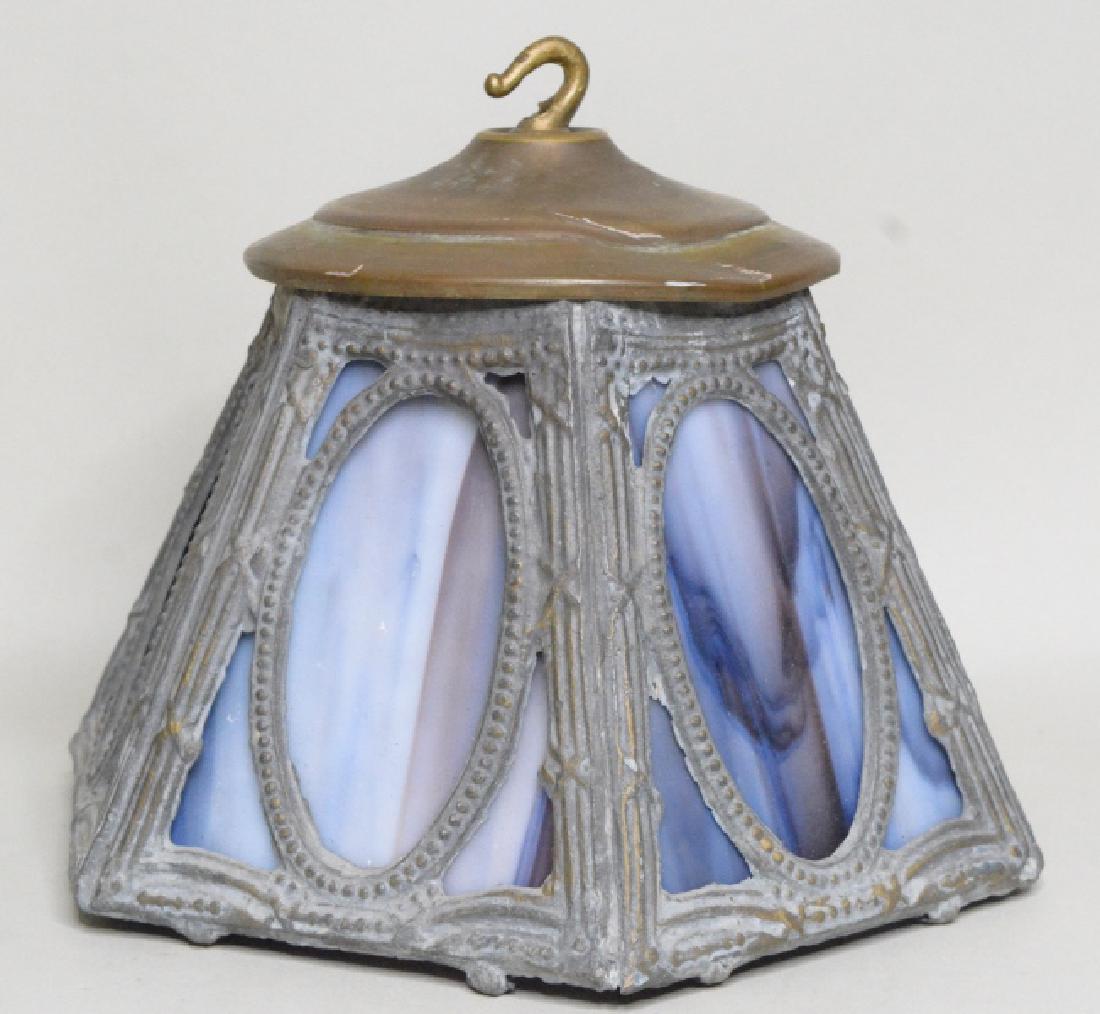 Antique Slag Glass Pendant Porch Light: Nice early six panel slag glass pendant porch light. Nice condition with no chips or cracks. Does have some discoloration from oxidation and age. Displays well with brass top. Measures approximately 7