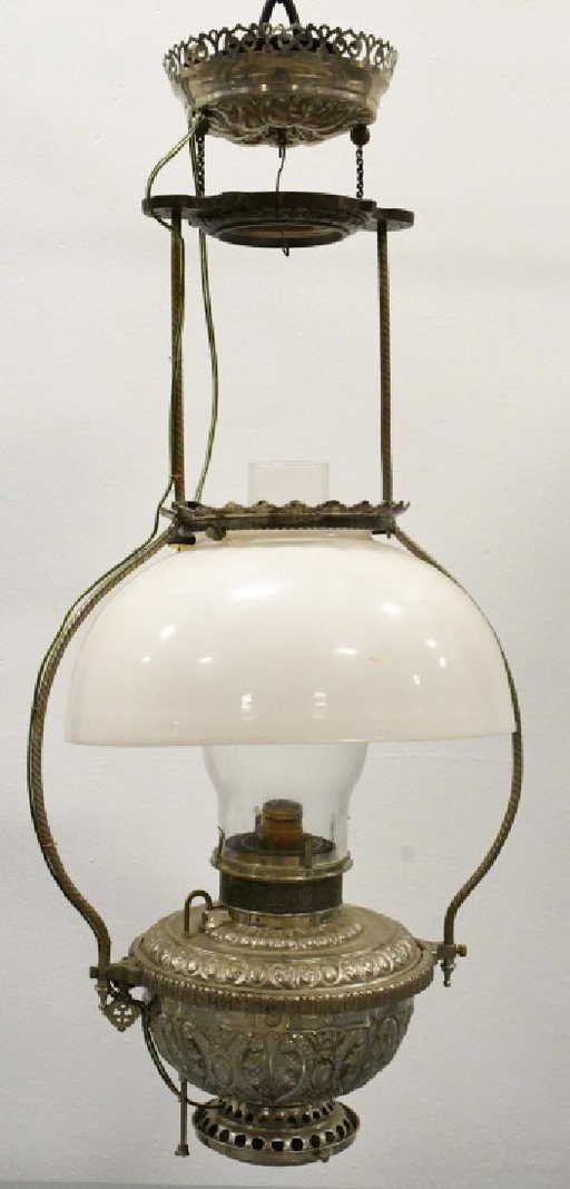 Antique B H Electrified Hanging Oil Lamp