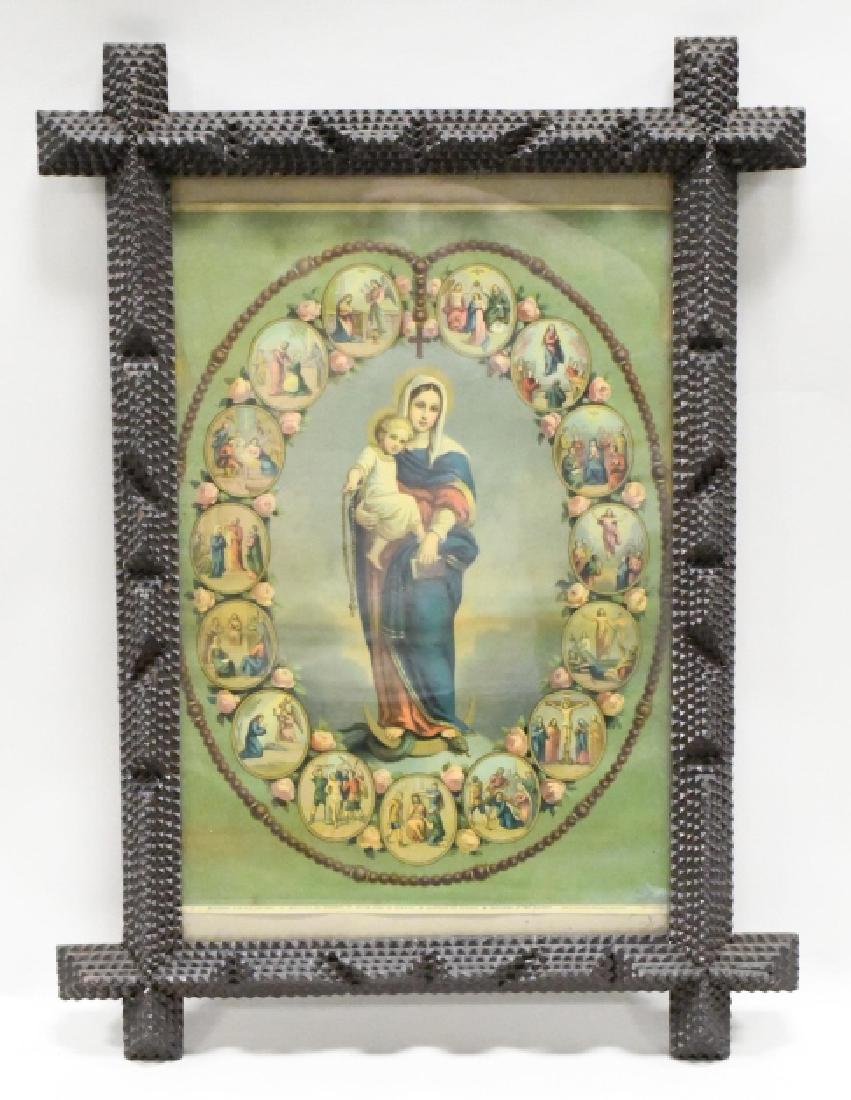 Antique Tramp Art Frame w/ "Madonna of Rosary" Pri (1 of 3)