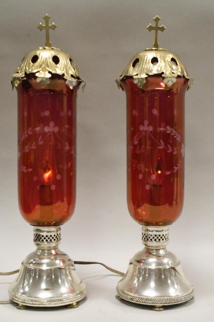 Pair Of Red Etched Glass Religous Electric Lamps (1 of 4)