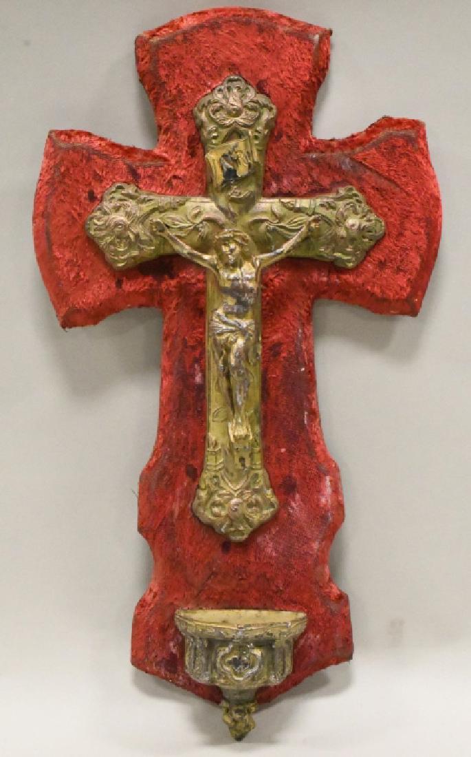 Antique Wall Mount Holy Water Crucifix w/Red Back (1 of 2)