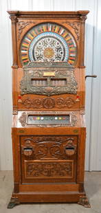 1899 Mills "Duplex" 5 Cent Upright Slot Machine: Very nice Mills "The Duplex" 5 cent single wheel upright cabinet slot machine . Very nice working condition with oak cabinet, heavily carved ornate designs, copper accents, and claw feet. Face