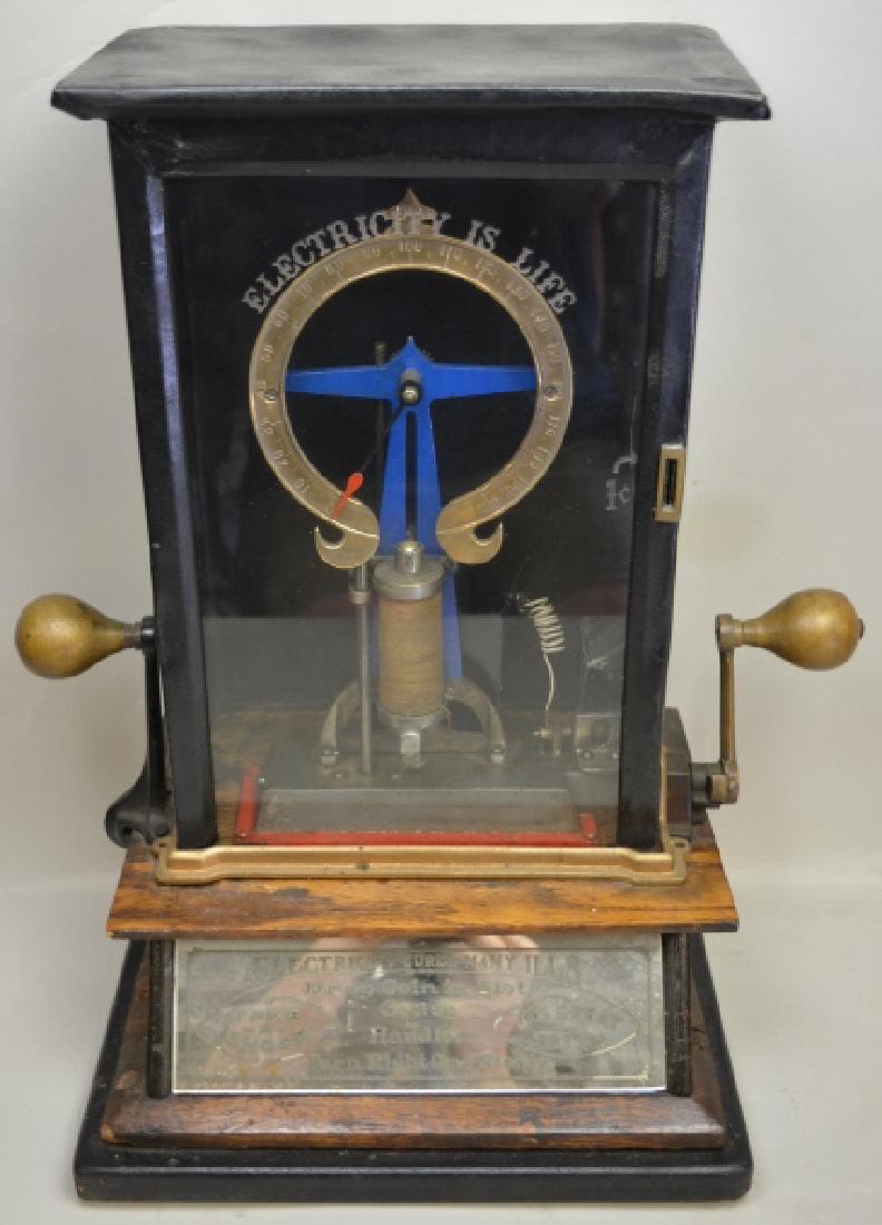 Early Electricity Cures Many Ills 1 Cent Coin-Op: Nice early 1 cent coin operated electric shock machine. Displays very well with a great look. Has older restoration. Missing key and untested. Measures approximately 21" tall by 11" across by 10 1/2"