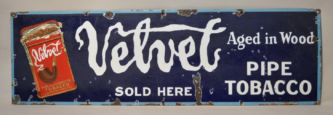 SSP Velvet Pipe Tobacco Advertising Sign: Nice condition with some edge wear , scratches, and porcelain loss. Displays very well with bright colors and nice graphics. Measures approximatley 39" across by 12" tall. REF#46