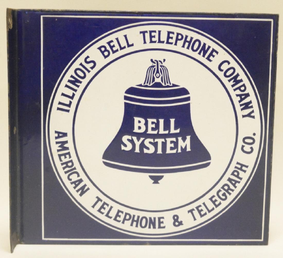 Illinois Bell Telephone Porcelain Flange sign: 12x11x1 inch flange advertising sign. Porcelain chipping at corners and mounting holes. Overall sign is in great condition with great shine.