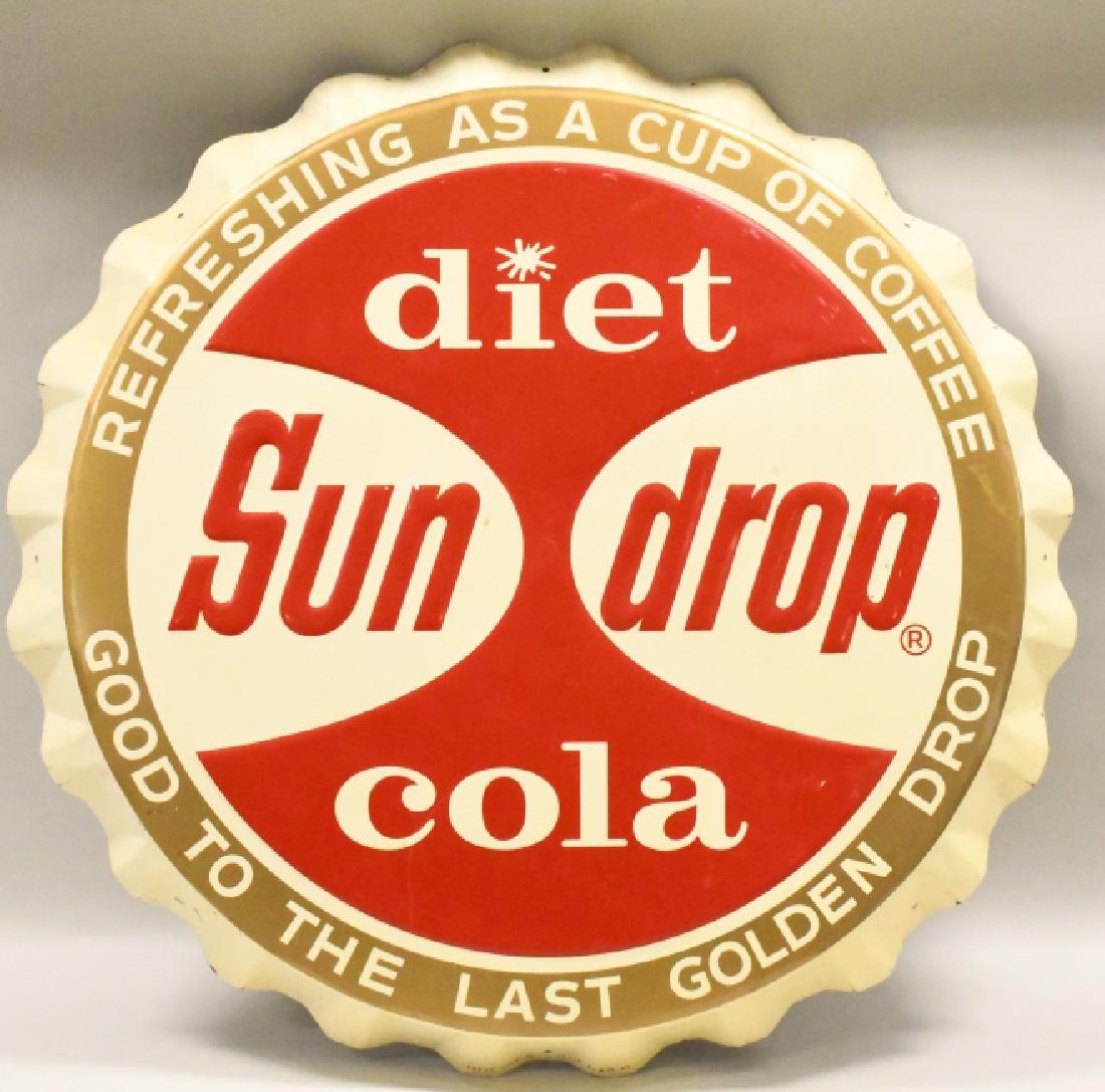 SST Embossed Sun Drop Diet Cola Bottle Cap Sign: Nice single sided tin embossed Sun Drop Diet Cola bottle cap advertising sign. Marked "Press Sign Co." . Nice condition with light paint wear from use and age. Measures approximately 33" in diameter.