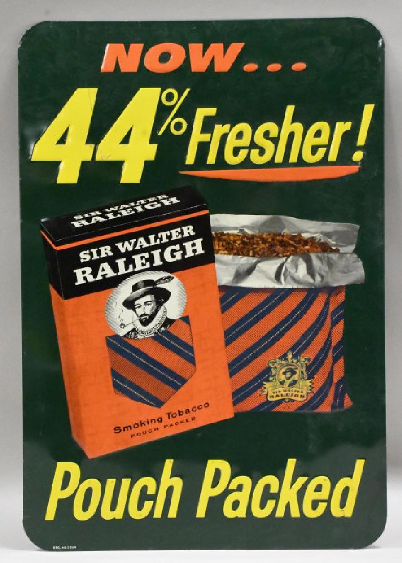 Vtg SST Embossed Sir Walter Raleigh Tobacco Sign: Nice vintage single sided tin embossed Sir Walter Raleigh smoking tobacco advertising sign. Nice condition with light paint loss and wear from use and age. Displays very well with great colors and gra