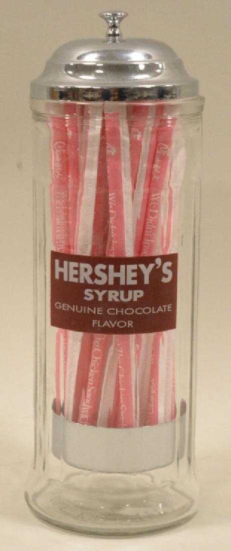 Hershey's Chocolate Syrup Straw Holder w/ lid: 11 1/2 inches tall, with the lid lifting up and bringing straws up.