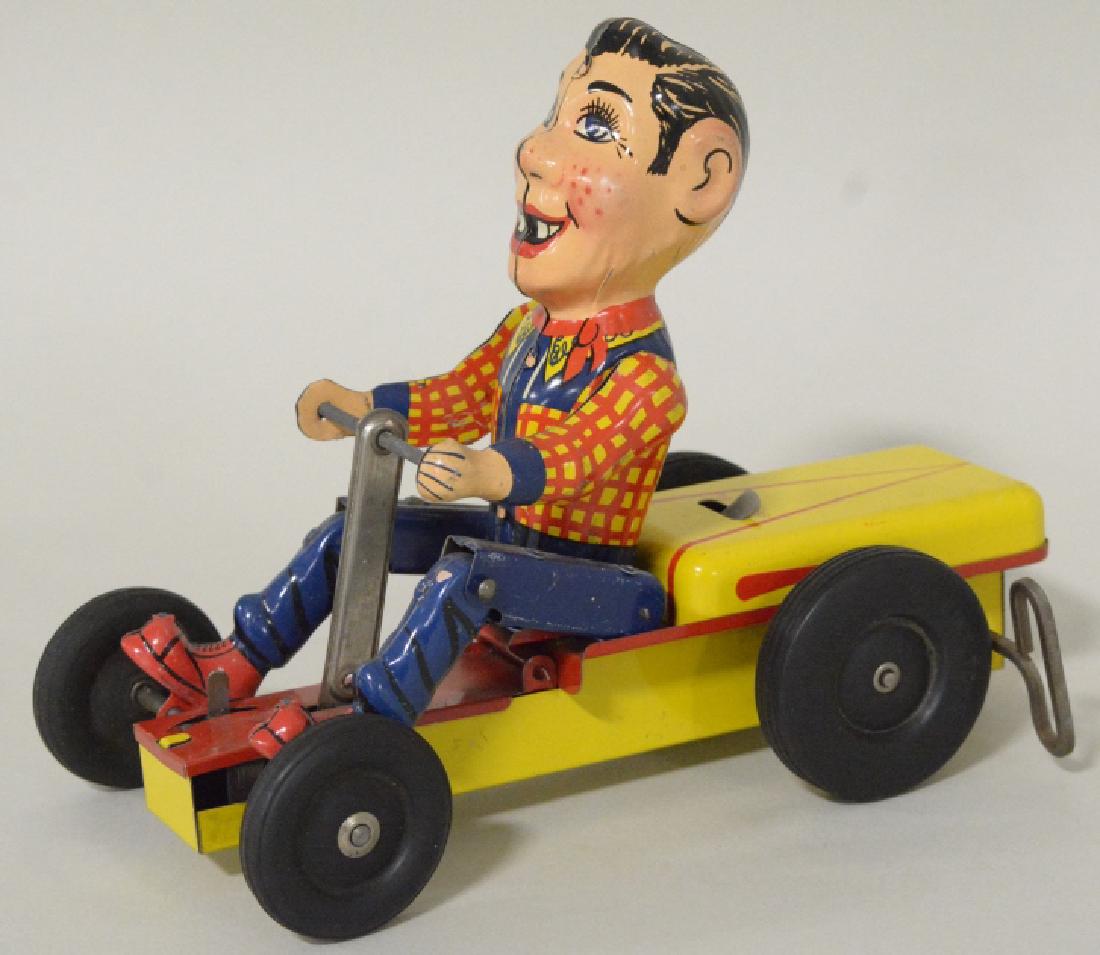 Ny-Lint Howdy Doody Pump-Mobile Pedal Car: Nice vintage Ny-Lint wind up tin litho Howdy Doody Pump-Mobile Pedal Car. Nice condition with light wear. Wind up working. Measures approximately 9" long.