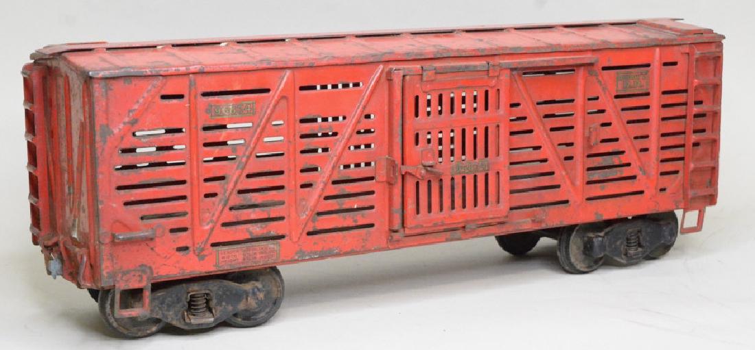 Buddy "L" Outdoor Train Livestock Car: Original Buddy "L" pressed steel outdoor train Livestock car No.96834. In nice condition with paint loss, and surface rust. Measures approximately 21" long.