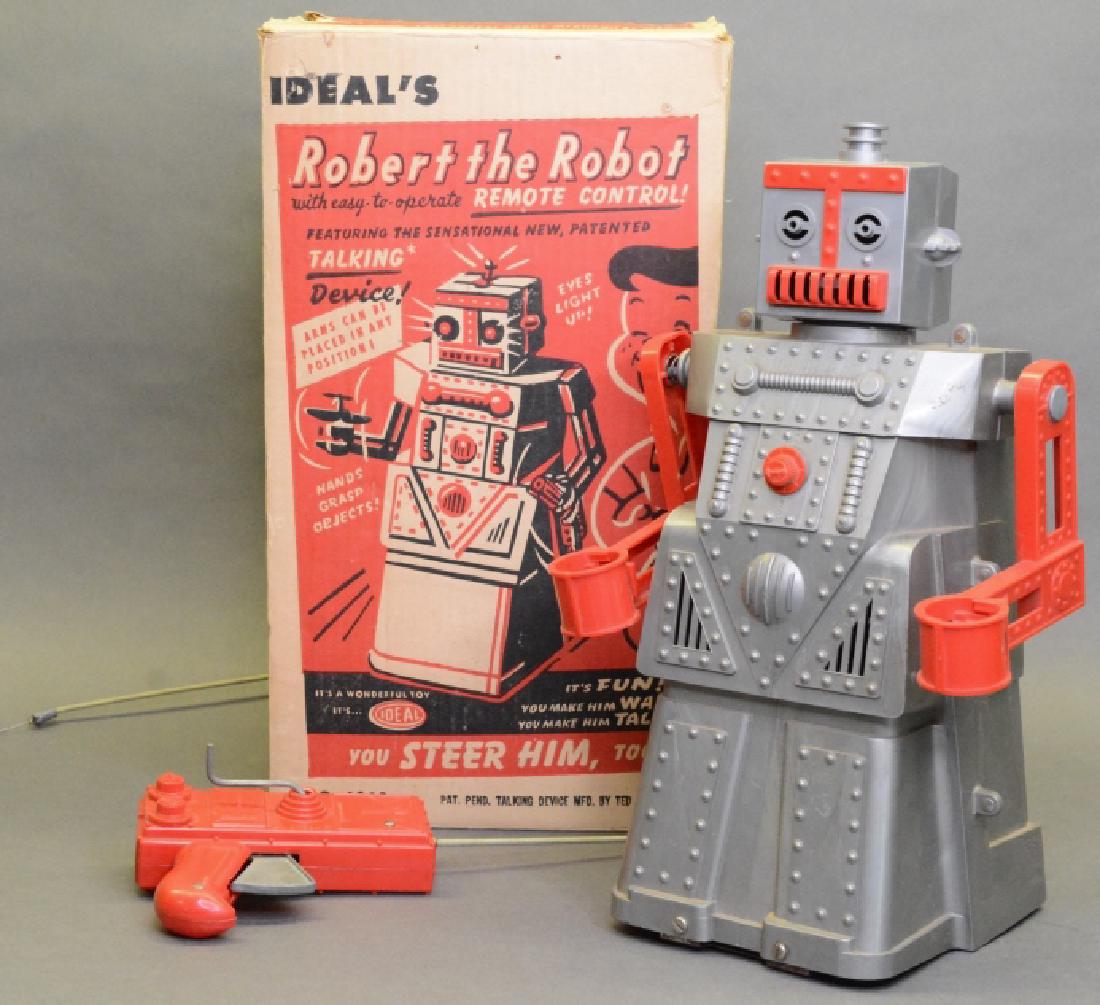 Ideal's 4049 Robert The Robot: Ideal's crank operated Robert The Robot with box. Robot has some light wear. Box has some wear but overall displays nice. Untested.
