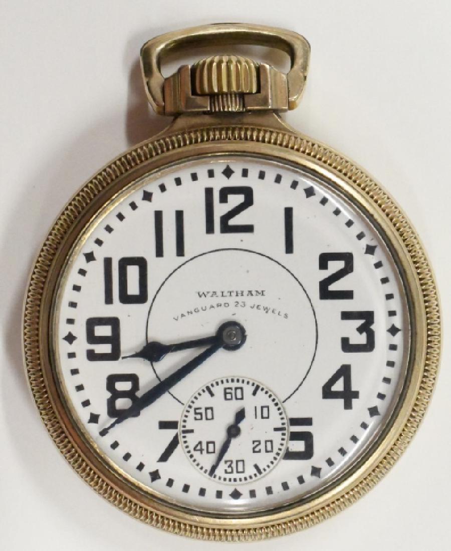 Waltham Vangaurd 23 Jewel Open Face Pocket Watch: Nice running Waltham 23 Jewel Vanguard Open Face Railroad Pocket Watch. The 16 size pocket watch measures approx. 2" in diameter and the case is 10K gold filled.