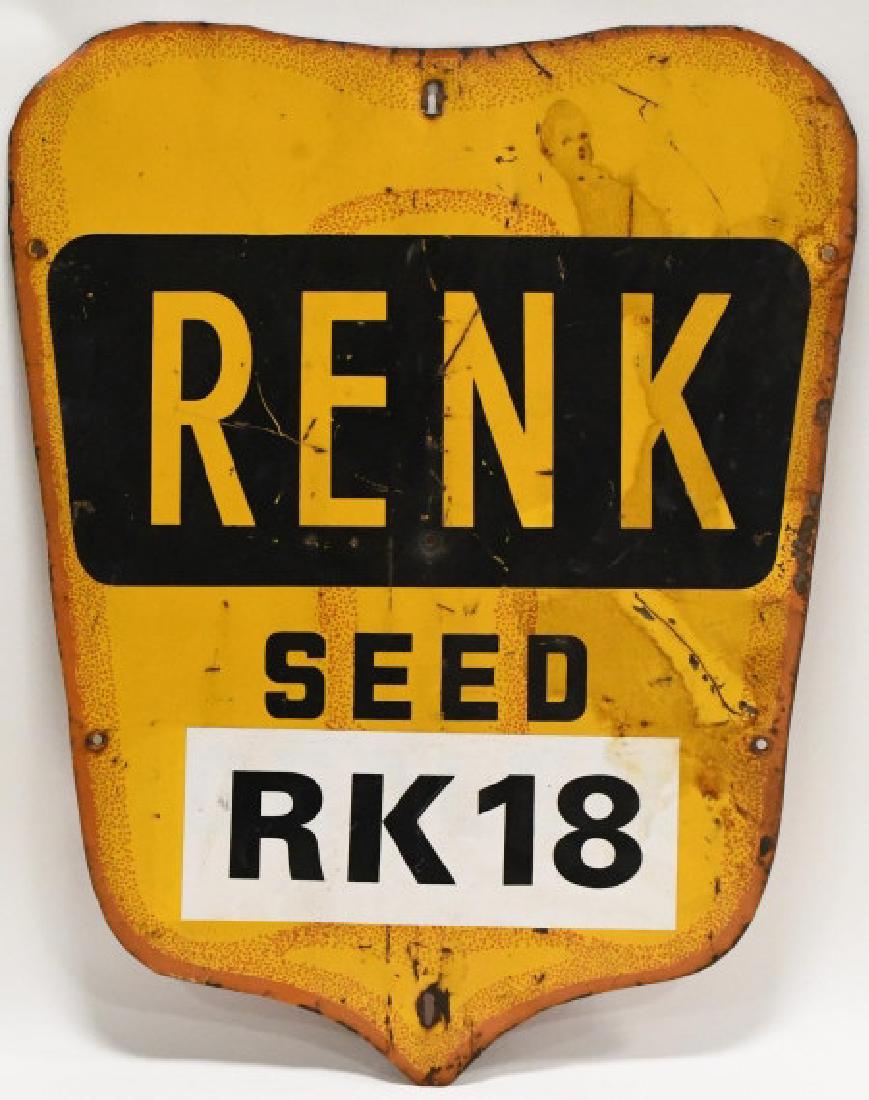SST Renk Seed Advertising Sign: Nice single sided tin Renk Seed advertising sign. Sign is in nice condition with light surface rust and wear from use and age. Displays very well with great colors and graphics. Measures approximately