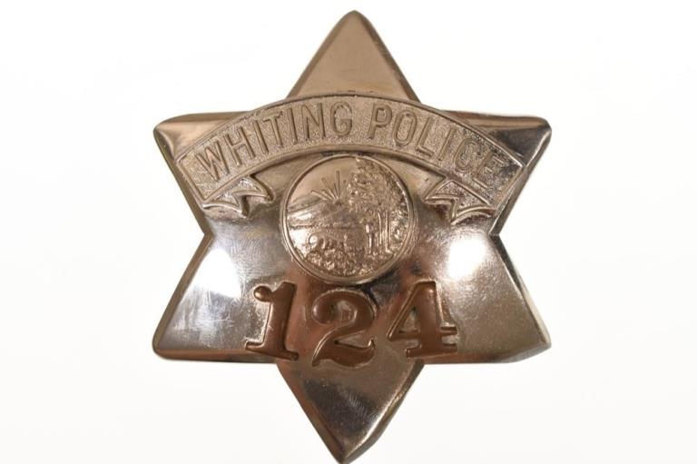 Obsolete Whiting Indiana Police Pie Plate Badge: Nice early obsolete Whiting Indiana Police Pie Plate Badge #124 with copper numbers. Badge is in nice condition with slide. Back is maker marked C.H. Hanson Co. Chicago. It measures approximately 3-1/