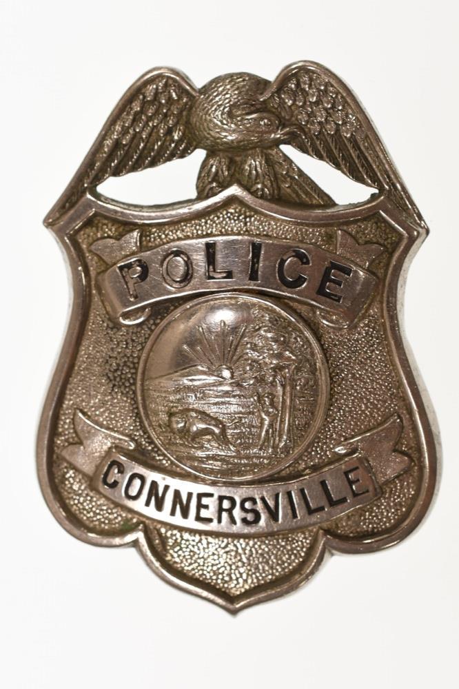 Obsolete Connersville Indiana Police Badge: Nice obsolete Connersville Indiana Police Badge. Badge is in nice condition with pinback. Back is maker marked C.D. Reese N.Y. It measures approximately 2-7/8" tall by 2" across.