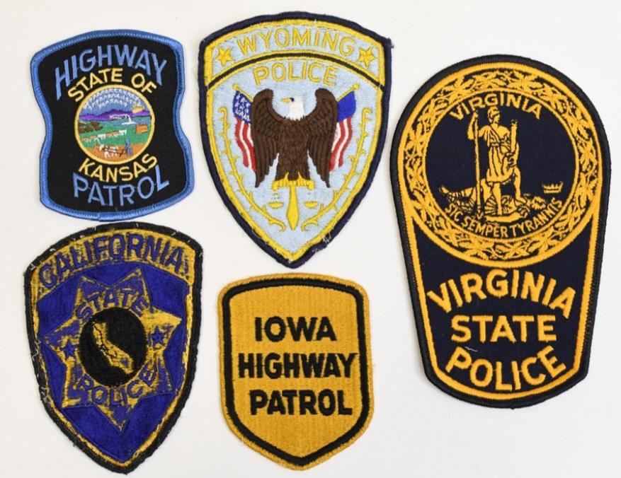 (5) Mixed State Police Shoulder Patches: Nice lot of five State Police cloth shoulder patches from mixed departments. Lot includes patches from Wyoming Police, Kansas Highway Patrol, Iowa State Patrol, California State Police, & Virginia Sta