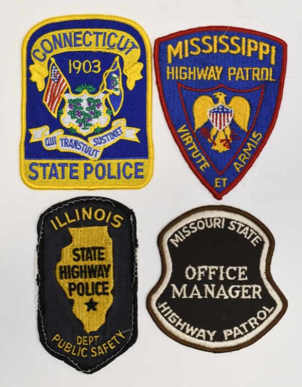 (4) Mixed State Police Shoulder Patches: Nice lot of four State Police cloth shoulder patches from mixed departments. Lot includes patches from Mississippi Highway Patrol, Missouri State Highway Patrol Office Manager, Connecticut State Polic