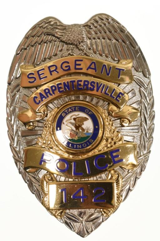 Carpentersville Illinois Police Sergeant Badge: Nice obsolete Carpentersville Illinois Police Badge No. 142. Badge is in nice condition with pinback. Back is marked "Blackinton". It measures approximately 3-1/4" tall by 2-1/4" across.