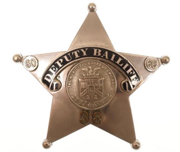 Obsolete Chicago Courts Deputy Bailiff Badge #38: Nice obsolete five-point star Municipal Courts of Chicago Deputy Bailiff Badge #38 with copper numbers. Badge is in nice condition with pinback. Back is maker marked C.H. Hanson Chicago. It measuresap