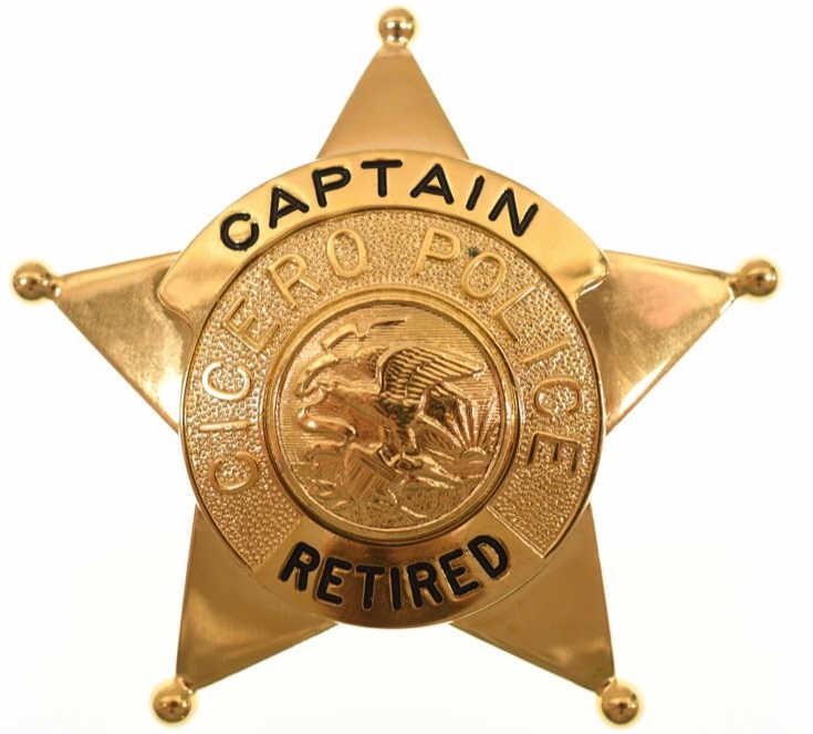 Obsolete Cicero ILL. Police Retired Captain Badge: Nice obsolete five-point star Cicero Illinois Police Retired Captain Badge. Badge is in nice condition with pinback. Back is maker marked Blackinton. It measures approximately 2-5/8" tall by 2-7/8" ac