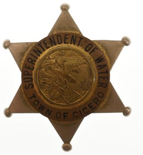 Obsolete Cicero Illinois Supt. Of Water Badge: Nice obsolete six-point star Town of Cicero Illinois Superintendent of Water Badge. Badge is in nice condition with pinback, has some age wear. Back is maker marked Meyer & Wenthe Chicago. It measures