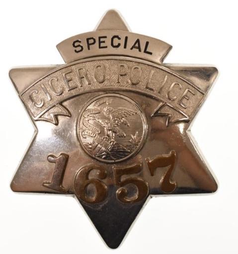 Obsolete Cicero Spl. Police Pie Plate Badge #1657: Nice obsolete Cicero Illinois Special Police Pie Plate Badge #1657 with copper numbers. Badge is in nice condition with pinback. Back is maker marked Meyer & Wenthe Chicago. It measures approximately