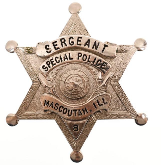 Obsolete Mascoutah IL. Spl. Police Sergeant Badge: Nice obsolete six-point star Mascoutah Illinois Special Police Sergeant Badge #8. Badge is in nice condition with pinback. Back is unmarked. It measures approximately 2-5/8" tall by 2-1/4" across.