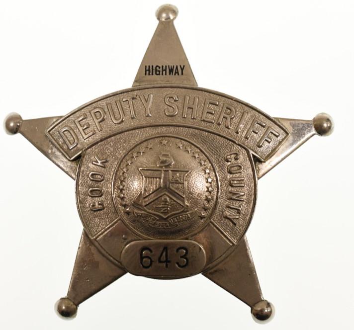 Obsolete Cook County Highway Deputy Sheriff Badge: Nice obsolete dated 1959-62 five-point star Cook County Illinois Highway Deputy Sheriff Badge #643. Badge is in nice condition with pinback. Back is maker marked C.H. Hanson Chicago. It measures appro