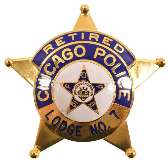 Obsolete Retired Chicago Police FOP Badge: Nice obsolete five-point star Retired Chicago Police FOP Lodge No. 7 Badge. Badge is in nice condition with pinback. Back is marked V.H.B. It measures approximately 2-1/2" tall by 2-1/2" across.