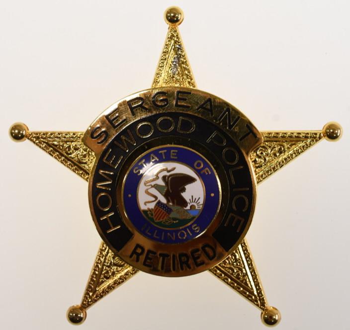 Obsolete Homewood ILL. Retired Police Sgt Badge: Nice obsolete five point star gold tone Homewood Illinois Retired Police Sergeant badge . Badge is in very nice condition with clip back. Back is marked 'Blackinton". It measures approximately 3" tall