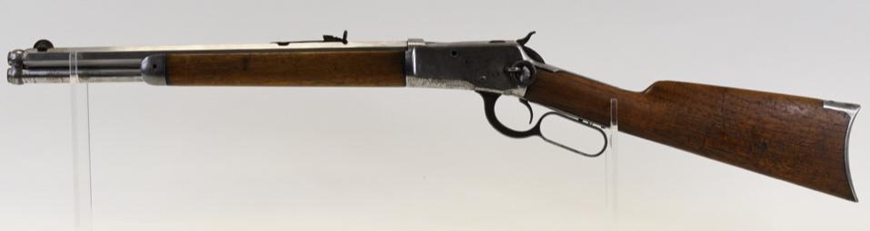 Winchester Model 1892 Trapper Saddle Ring Carbine: Winchester Model 1892 Trapper saddle ring carbine in .38 WCF. The carbine has a 16" octagon barrel and is in good condition with use wear. Manufactured in 1907. Serial #381144. FFL required for transf