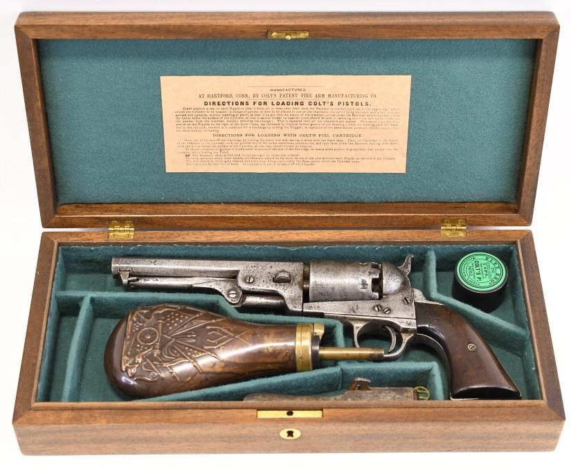 Colt Model 1851 London Navy .38 Cal. Revolver: Nice Colt Model 1851 London Navy .38 caliber conversion 6-shot revolver. The revolver comes cased with mold & flask. Manufactured in 1855 and is in good condition with surface and age wear. Matching s