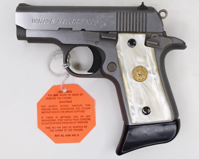 Colt Custom Shop White Stallion .380 Cal. Pistol: New in box Colt Custom Shop White Stallion semi-auto pistol in .380 caliber. The pistol has a 2.75" barrel and is in new condition in the original Colt Custom Gun Shop box with three magazines and zip