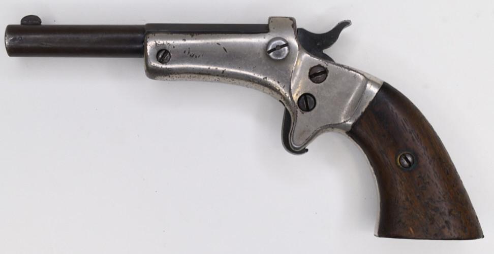 J. Stevens .22 Caliber Single Shot Pistol: J. Stevens single shot pistol in .22 caliber. The pistol has a 3-1/2" barrel and is in good used condition with wear. Serial #16728. FFL required for transfer. (80-3)