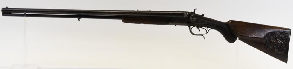 Adolf Frank Drilling 16 Ga/8.8x72r Shotgun/Rifle: Nice Adolf Frank Drilling 16 gauge shot shell & 8.8 x 72r rifle triple barrel combination shotgun/rifle. The firearm has a 27.5" barrel and a deer scene engraved stock. Nice condition older firearm. S