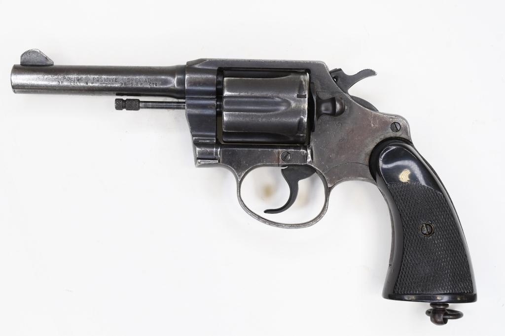 Colt Police Positive .38 Cal. Six-Shot Revolver: Colt Police Positive six-shot revolver in .38 caliber. The revolver has a 4" barrel and is in good condition with age and use wear. Has RHKP 9328 etched into the frame between the grips. SN: 948440. (