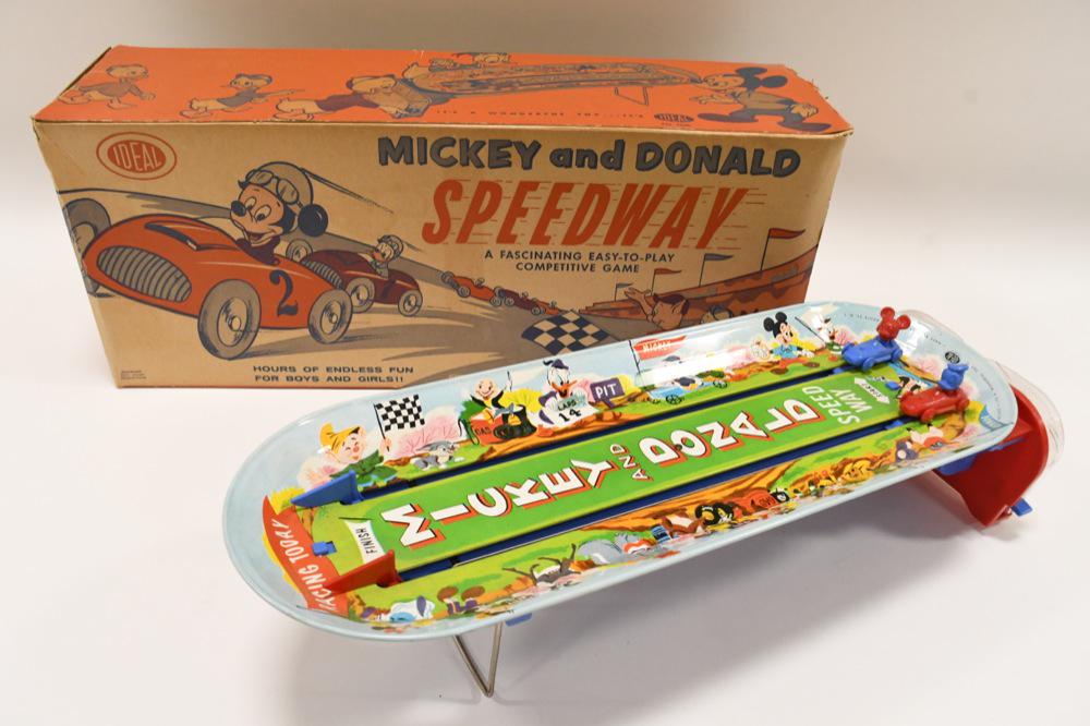 Vtg Mickey and Donald Speedway Ideal Toys: Nice original Mickey and Donald Speedway by Ideal Toys in the original box. Toy is in nice condition with average play wear for its age. The box has 2 flaps that are off, but are present. Displays nic