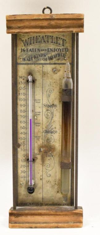 Antique Wheatlet Cereal Barometer & Thermometer: Nice original wood Wheatlet Cereal advertising Barometer & Thermometer. The barometer/thermometer with purple mercury is in nice working condition with expected wear. Measures 8.75" tall x 3" across.