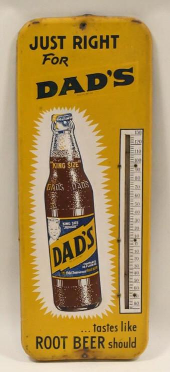 Embossed Tin Dad's Root Beer Thermometer Sign: Original embossed tin Dad's Root Beer "Tastes Like Root Beer Should" Thermometer Sign. The thermometer is in great working condition, has some surface wear and rust. Measures 25.5" tall x 9.75" across