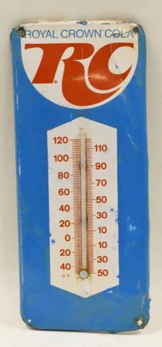 Original Tin Royal Crown Cola Thermometer: Nice original tin RC Royal Crown Cola Thermometer Sign. The thermometer glass in broken, the sign shows surface wear and bends. Measures 13.5" tall x 5.75" across.