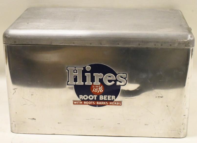 Cronstroms Hires Root Beer Advertising Cooler: Nice original aluminum Cronstroms Hires Root Beer Advertising Cooler. The cooler is in nice condition with embossed graphics. Has a few scratches and small dents. Measures 13" tall x 22" across x 13"