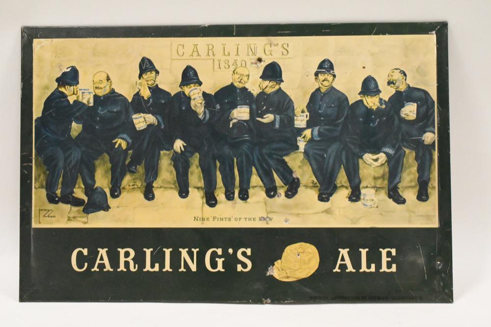 SST Carling's Ale Nine Pints Of The Law Adv. Sign: Nice condition with paint wear, nail holes, and wear from use and age. Displays well. Measures approximately 20" across by 13" tall.