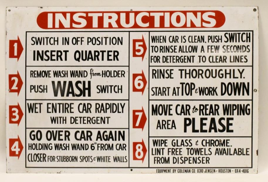 SSP Self Serve Car Wash How-To Adv Sign: Nice single sided porcelain self serve car wash instructions advertising sign. Very nice condition with light porcelain loss and wear from use and age. Displays well. Measures approximately 36" across