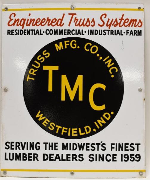SSP Truss MFG Co. Westfield Indiana Adv Sign: Very nice single sided porcelain Truss MFG. Co. Westfield Indiana advertising sign. SIgn is in nice condition with very light porcelain loss and wear from use and age. It measures approximately 24" ta
