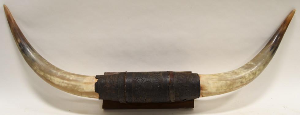 Large Longhorn Steer Horns w/ Hand Tooled Leather (1 of 7)